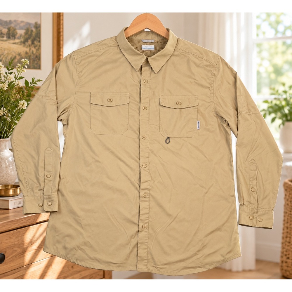 Columbia Silver Ridge Mens XL Tan Khaki Long Sleeve Sun Protection Hiking Shirt